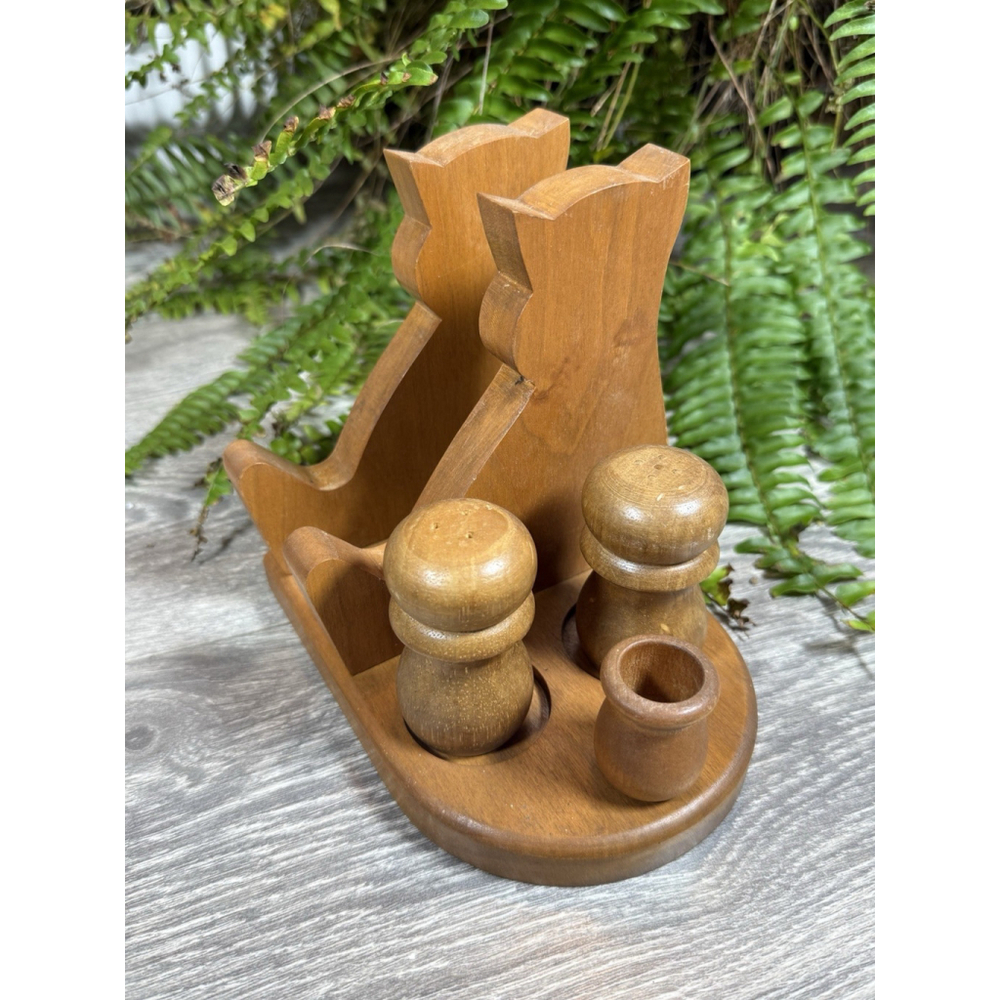 Vintage Cat Shaped Wooden Napkin Holder Salt Pepper Shakers Toothpick Holder Set